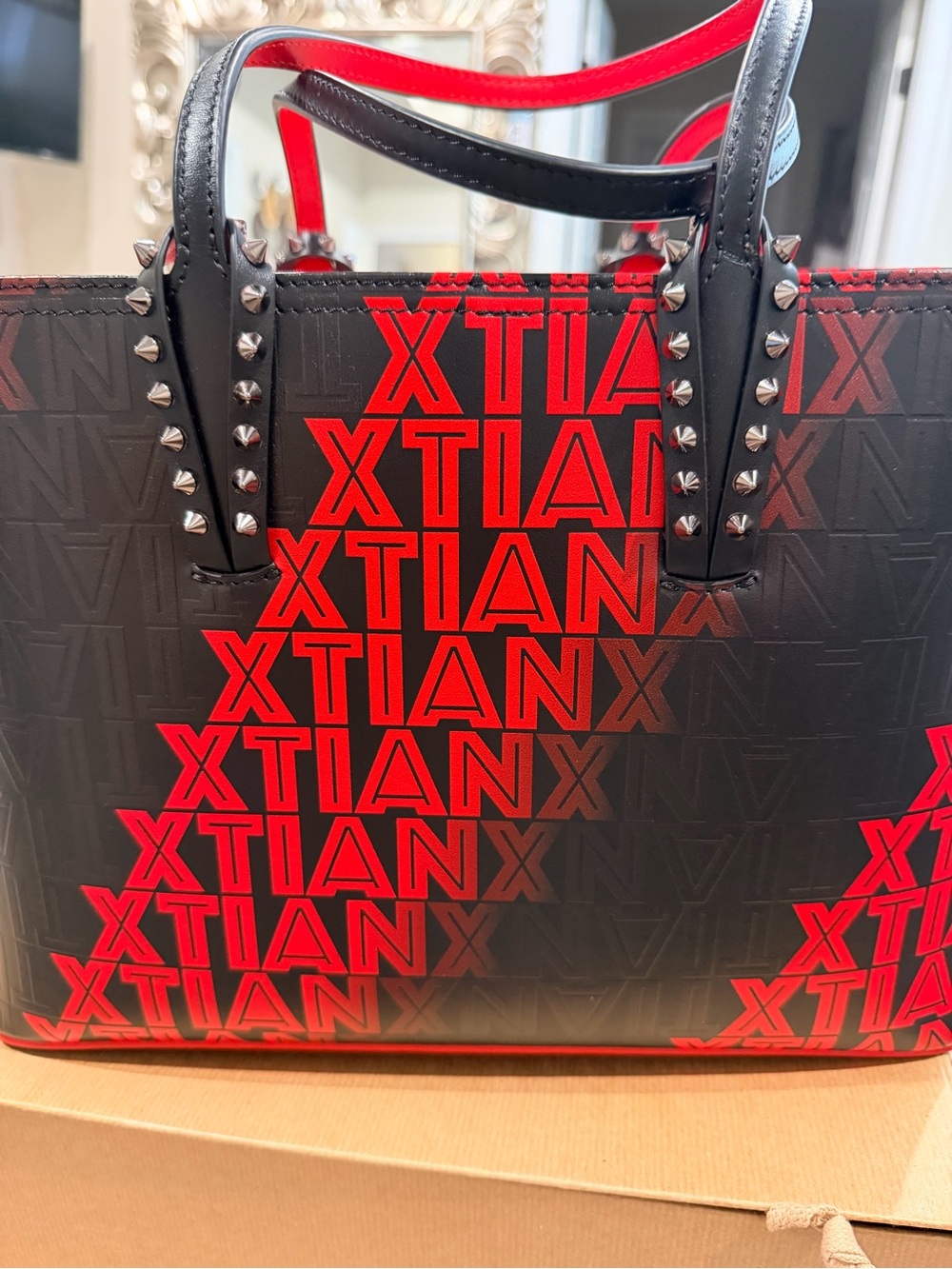 Brand New Never Worn Rare Christian Louboutin Black and Red Logo Studded Tote
